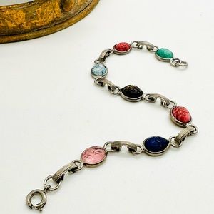 Vintage Egyptian Revival Carved Stone Scarab Bracelet